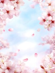A serene background featuring delicate pink cherry blossoms against a soft blue sky.