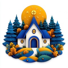 Colorful illustration of a church surrounded by trees and nature under a starry sky.
