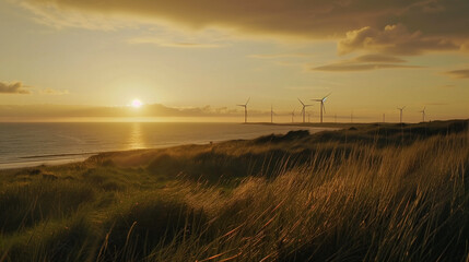 north sea with wind turbines in the background, birds flying overhead, rays of sunlight breaking through the clouds