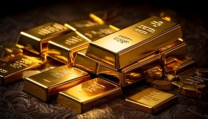 A collection of gleaming gold bars stacked elegantly, reflecting light, symbolizing wealth and precious metal value.