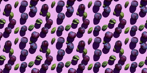 Obraz premium A seamless pattern of plums, each with its shadow, scattered across the canvas in an elegant display, with soft shadows on a Purple Basil background