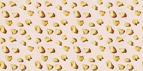 A seamless pattern of potato chips, each with its shadow, scattered across the canvas in an elegant display, with soft shadows on a soft pale pink color background