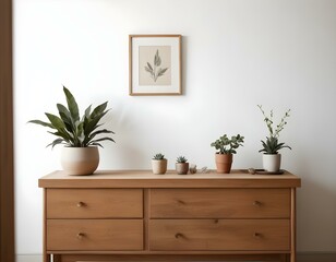 A wooden dresser with drawers, a potted plant, and various decorative items on top in a minimalist, natural-toned room.
