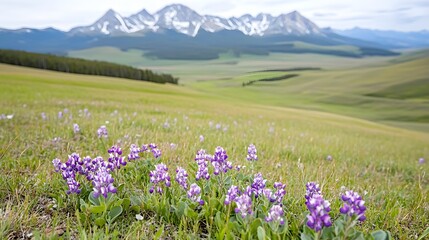 Fototapeta premium A scenic view of purple wildflowers in a vast green meadow, with majestic snow-capped mountains in the background under a clear sky.