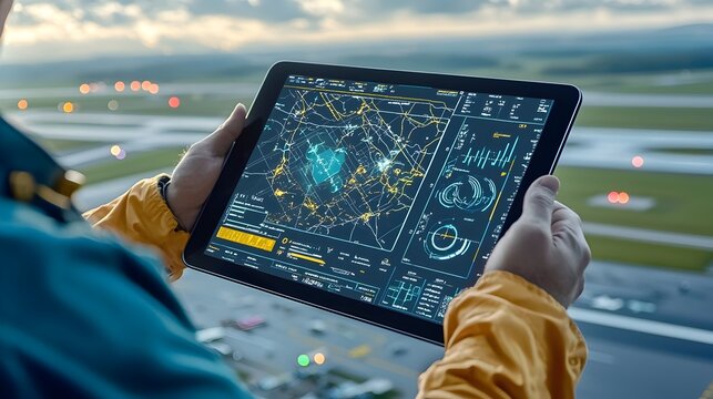 Close up of an aviation engineer holding a digital tablet displaying real time flight performance data metrics and analytics on a dashboard interface with a runway in the background
