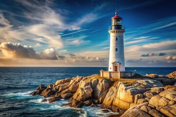 Obraz premium Distant lighthouse standing on the rocky coastline wallpaper, beachy, rocky coastline