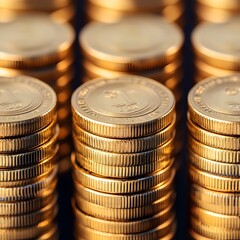 Stacks of shimmering gold coins arranged neatly, reflecting light and creating a vibrant, rich appearance.