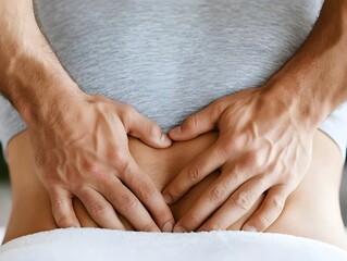 Fototapeta premium A person with hands on their lower back, suggesting discomfort or pain, possibly indicating a back issue or strain.