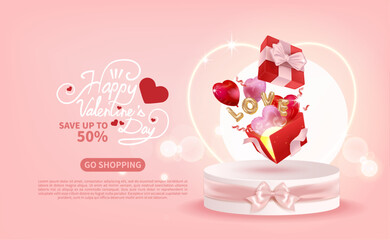 Valentine's Day sale, red and pink heart-shaped balloons flying out of opened gifts on stand