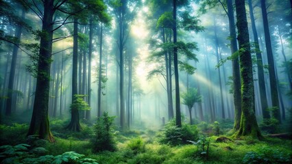 Fototapeta premium Dense forest with towering trees and a misty atmosphere, woodland scene, misty dawn