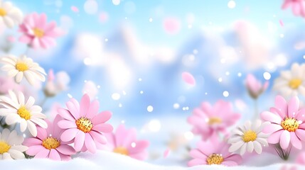 Obraz premium A serene landscape featuring blooming flowers in soft pink and white tones, set against a dreamy blue background with subtle light snowfall.