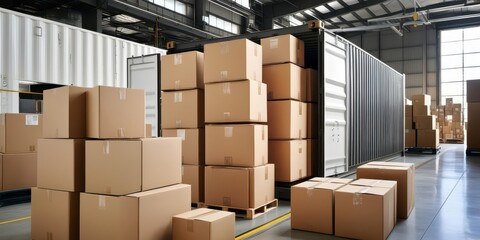 A spacious warehouse viewed from inside, featuring neatly stacked cardboard boxes and shipping containers.