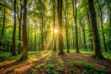 Dense foliage with sunlight filtering through trees, creating a dappled effect on the forest floor, greenery, nature, foliage, forest, forest floor