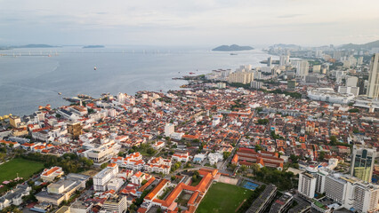 Obraz premium aerial of George Town skyline cityscape in Penang Island Malaysia with Jetties neighbourhood unesco heritage