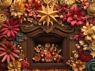 Wooden frame with paper flowers and star