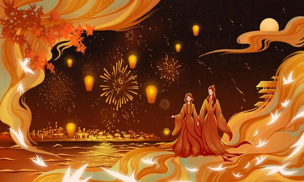 Ancient style festival, couples wearing Hanfu (traditional Chinese clothing), Valentine's Day and Spring Festival
