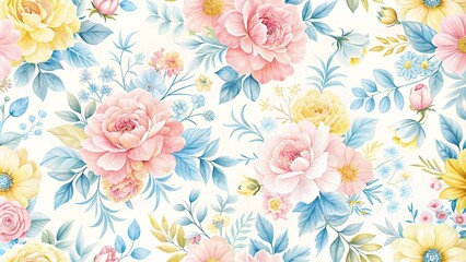 Delicate floral patterns with pastel hues of pink, blue and yellow on a soft white background, patterned paper, floral wallpaper, springtime design, bohemian living room, botanical print