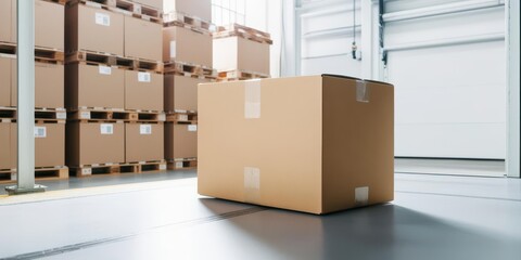 A single cardboard box in a well-lit warehouse surrounded by stacked pallets, suggesting a shipping or storage environment.