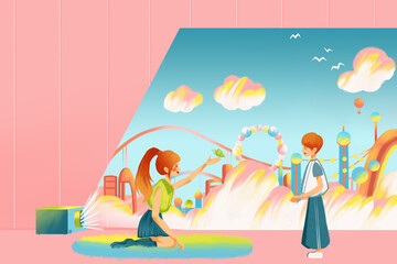 The translated text is: The illustrated image for Children's Day features a playground inside a projector. A person is standing in front of the projector.