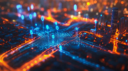 Fototapeta premium Smart digital Innovation city with connection network reciprocity over the cityscape. of future smart wireless digital city and social media networking systems that connects people with in city