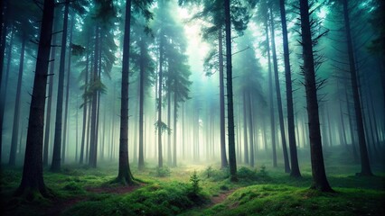 Dark forest landscape with tall trees and misty atmosphere, branches, eerie