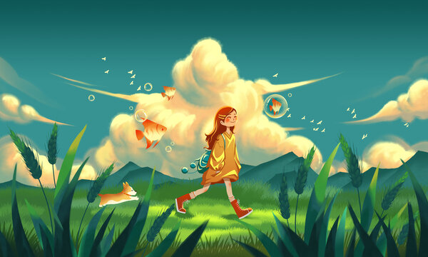 The girl is walking in the field with her backpack, and there are flying fish nearby.