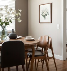 A cozy dining room with a wooden table and chairs, a vase of white flowers, and a framed artwork on the wall.