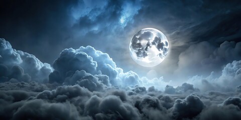 Dark and stormy night with full moon and mist, halloween night, eerie landscape