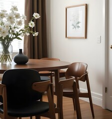 A cozy dining room with a wooden table and chairs, a vase of white flowers, and a framed artwork on the wall.