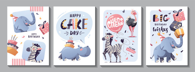 Obraz premium Set of Birthday greeting card with cute jungle animals. Hippopotamus, zebra, ostrich, elephant, cake, balloon, gifts. Vector illustration.