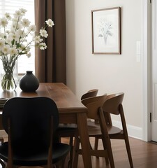 Fototapeta premium A cozy dining room with a wooden table and chairs, a vase of white flowers, and a framed artwork on the wall.