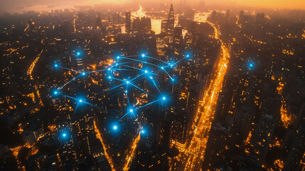 Fototapeta premium Smart digital Innovation city with connection network reciprocity over the cityscape. of future smart wireless digital city and social media networking systems that connects people with in city 