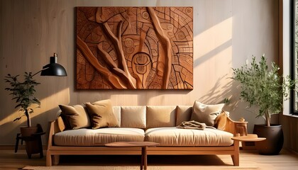Modern Zen Retreat: Cozy Couch, Elegant Wood Art, and Tranquil Plants