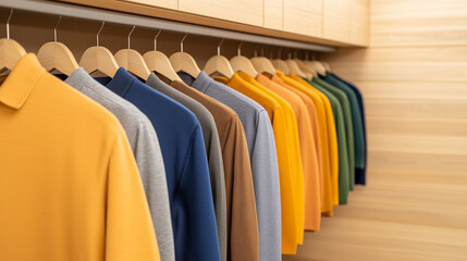 A side view of well-organized dressing room displays colorful, clean, ironed shirts.
