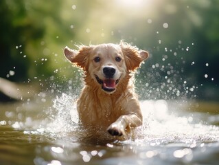 Golden Retriever Playing in Water Splashing Joyfully