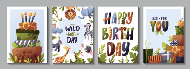 Set of Birthday greeting card with cute jungle animals. Giraffe, gorilla monkey, hippopotamus, ostrich, elephant, lion, crocodile, zebra, snake, cake, gifts. Vector illustration.