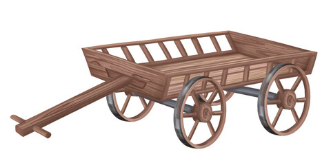 Wooden garden cart. Transportation of vegetables, fruits, and food. Farm work, harvesting fields and crops. Autumn festivals and holidays in a rustic style. Isolated handmade digital illustrations