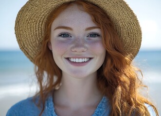 happy woman in a straw hat smiling at the camera on a beach close-up A beautiful young redheaded girl having fun during a summer vacation by the sea A young adult