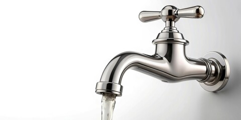 faucet tap with water flowing isolated on white background Low Angle