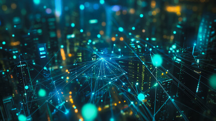 Obraz premium Smart digital Innovation city with connection network reciprocity over the cityscape. of future smart wireless digital city and social media networking systems that connects people with in city 