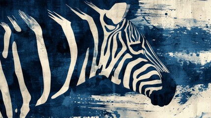 A close-up of a zebra's head in a grunge style.  The zebra's stripes are black and white and the background is blue with white splatters.