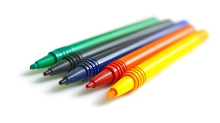A colorful set of five markers in different hues, neatly arranged and isolated on a bright white background, showcasing their tips.