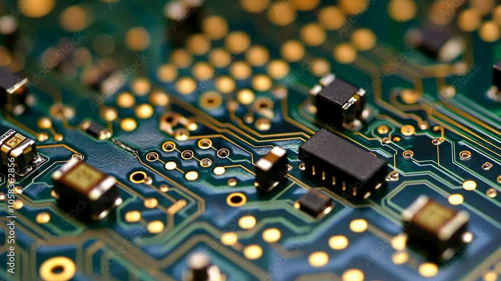 Poster a close-up view of a circuit board with gold-plated traces and several electronic components