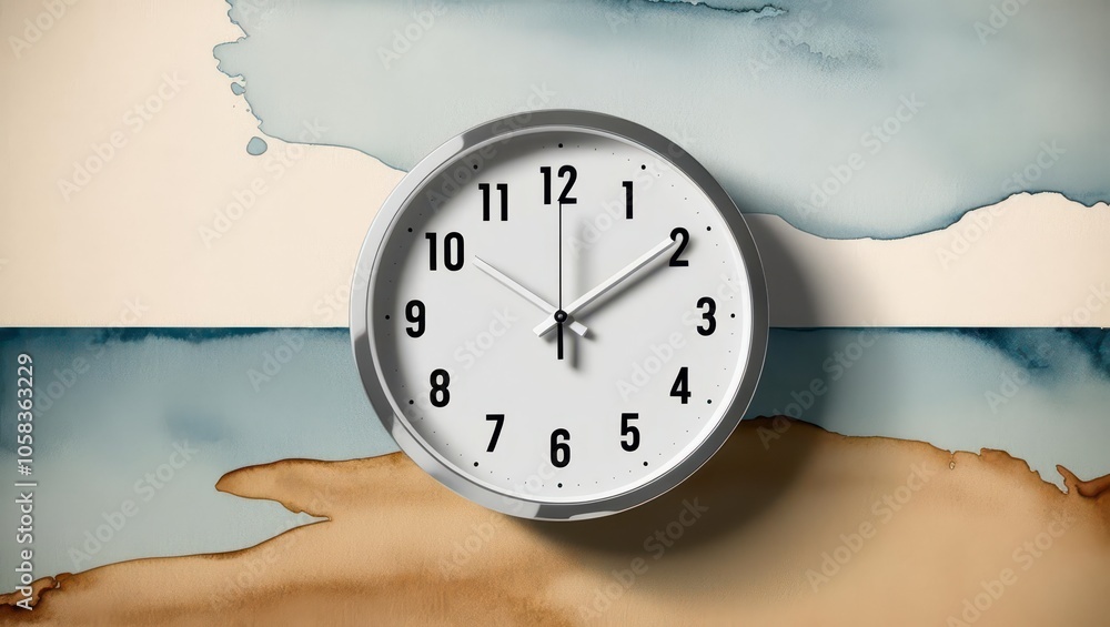 Poster a minimalist clock design against a watercolor backdrop, blending functionality with artistic style 