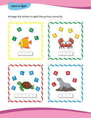 Learn to spell. Worksheet. Nursery and kindergarten students will strengthen their spelling skills for words including 'fish,' 'crab,' 'turtle,' and 'seal' using this worksheet