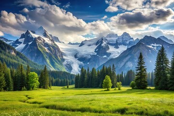 Alpine meadow with snow capped mountains in the background