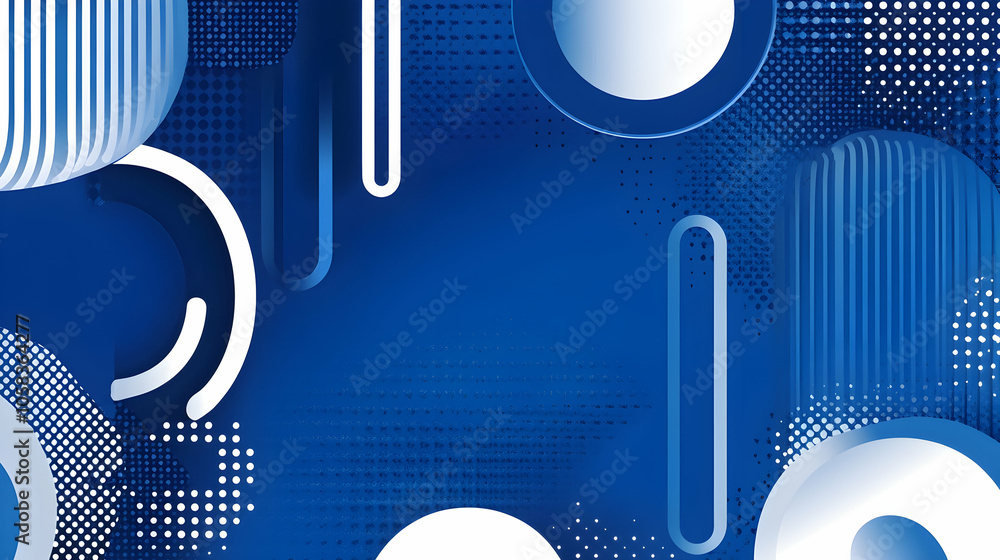 Poster abstract blue background with geometric shapes and halftone pattern.