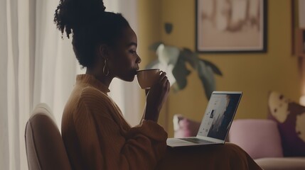 Side view of a young Black woman using her laptop while sipping tea, seated comfortably in her living room with a casual, relaxed expression, soft home furnishings, and ample empty space around