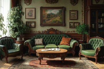 Obraz premium Elegant Living Room Interior with Green Velvet Sofa and Armchairs