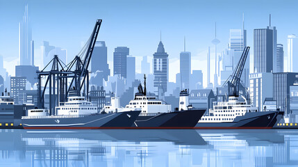 Fototapeta premium Cargo ships docked at a busy port in a modern city skyline.